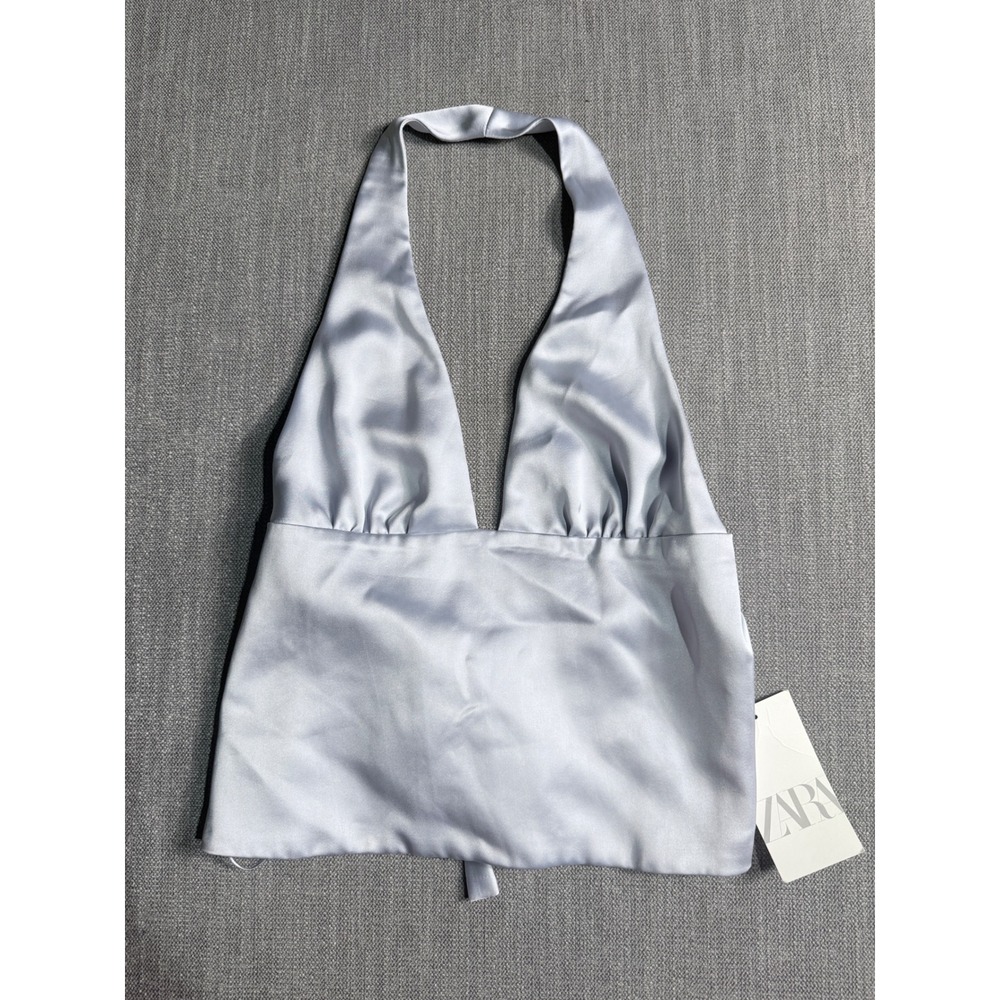 Zara Satin Halter Top Silver Blue Plunging V-Neck Backless Tie 4764/022 Small
